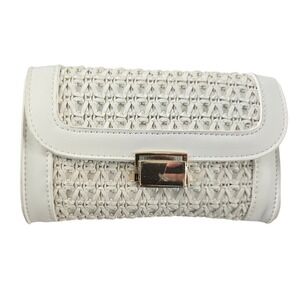 JustFab White‎ Woven Chic Faux Leather Flap Crossbody Bag Purse Gold Lock New